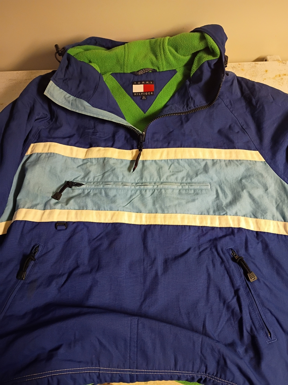 Tommy Hilfiger Men's Blue Pullover Jacket with Light Blue & White Stripes